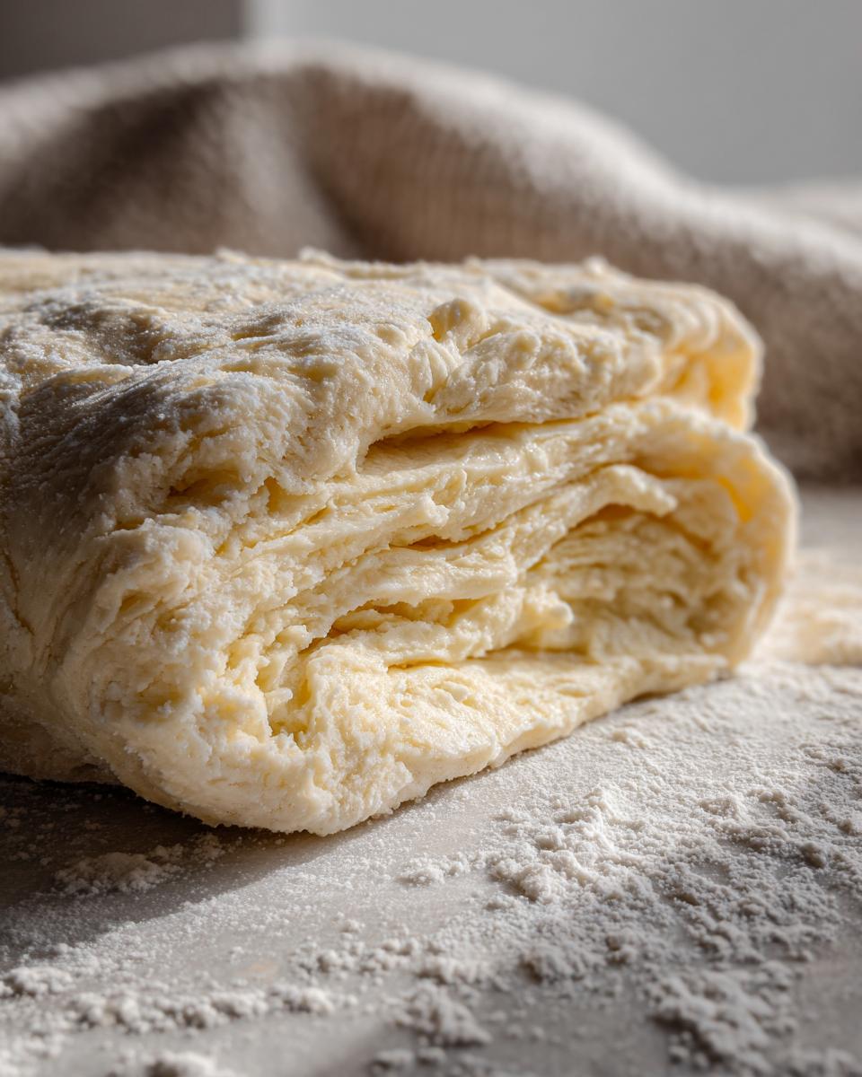 Close-up of laminated dough showing layers, ready to be rolled for a butter pie crust, dusted with flour.