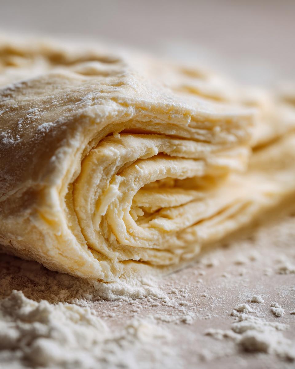 Close-up of laminated dough layers being folded for a perfect butter pie crust, dusted with flour.