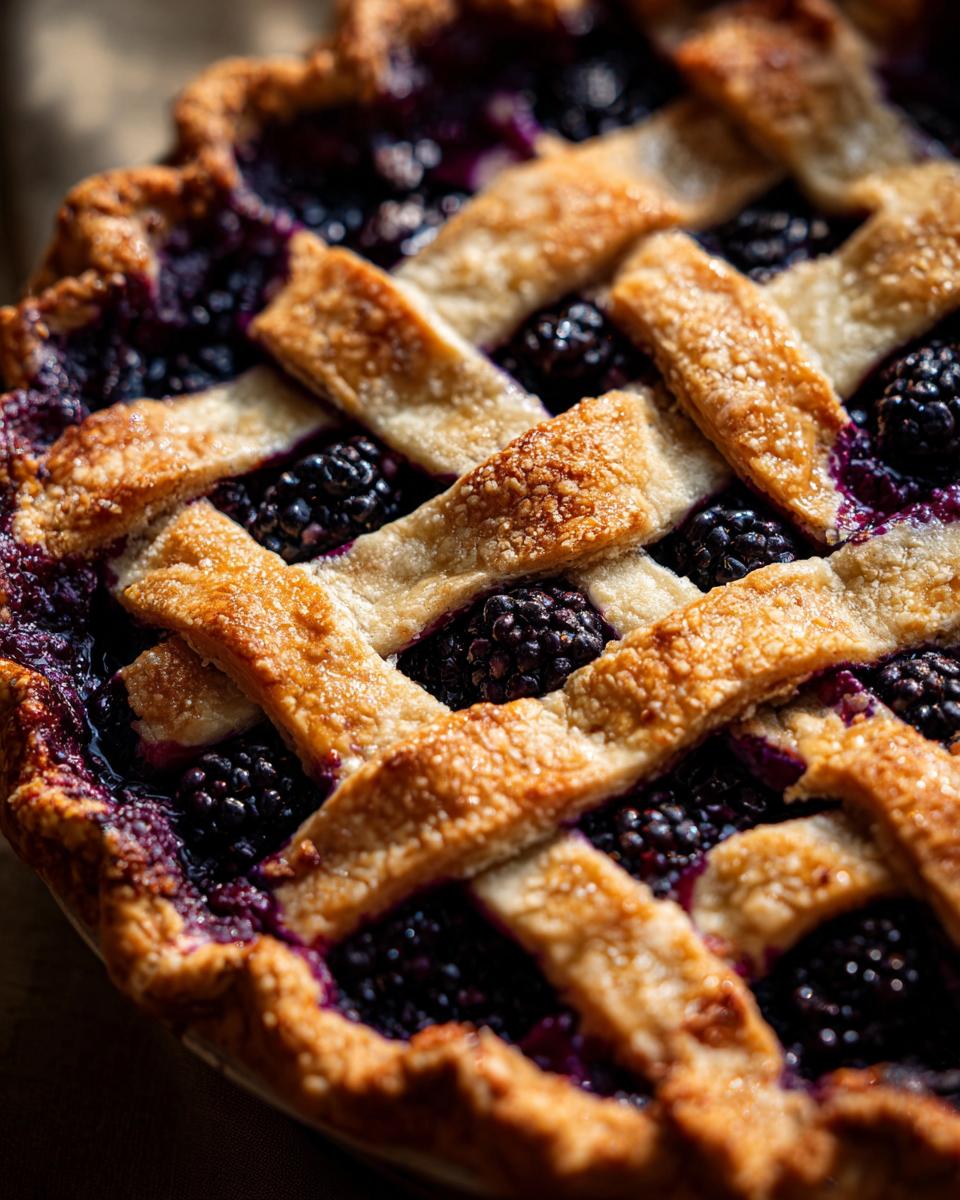 Close-up of a golden, flaky lattice crust covering a rich, juicy blackberry pie filling.