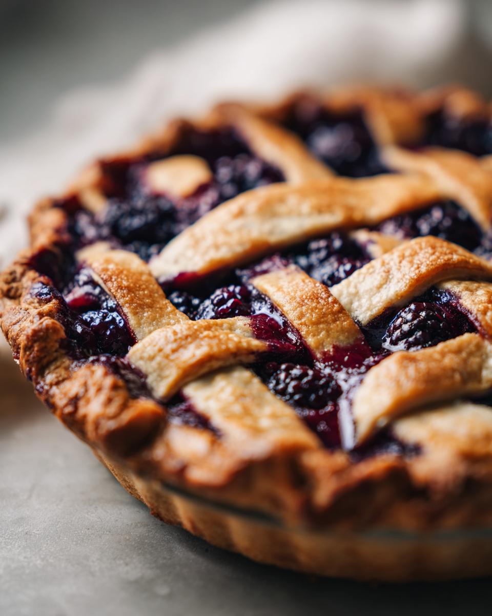 A close-up, shallow depth of field shot of a freshly baked blackberry pie with a golden lattice crust.