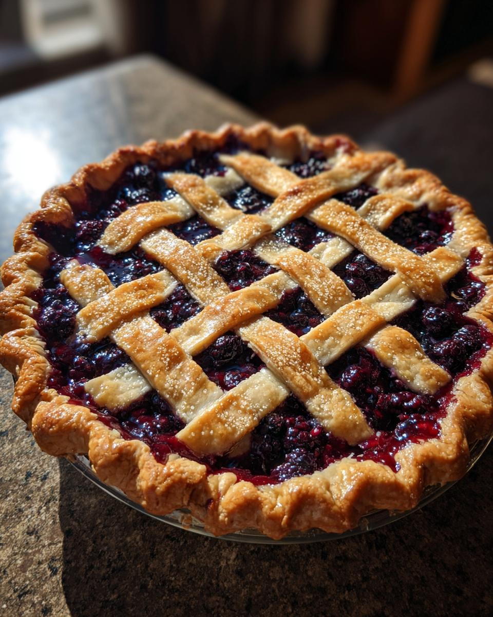 A beautiful, freshly baked blackberry pie featuring a golden lattice crust sprinkled with sugar.