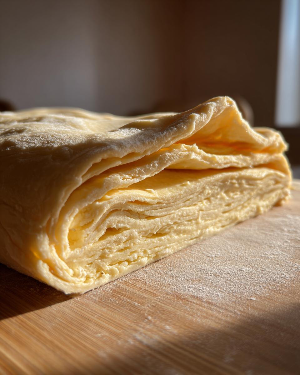 Close-up of layered, folded butter pie crust dough resting on a lightly floured wooden board.