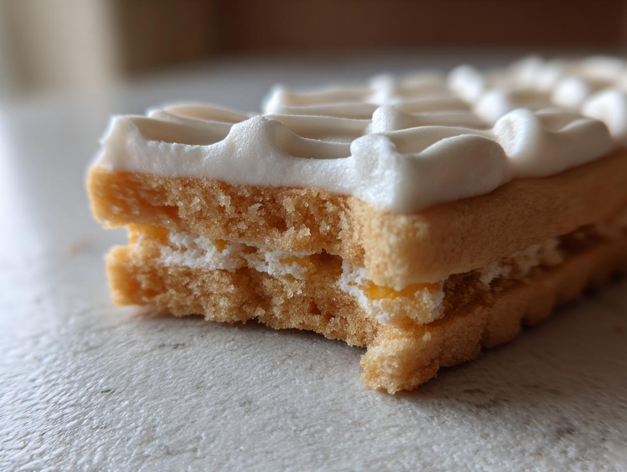 Close-up of a layered cookie showing a bite taken out, topped with piped white sugar cookie icing recipe.