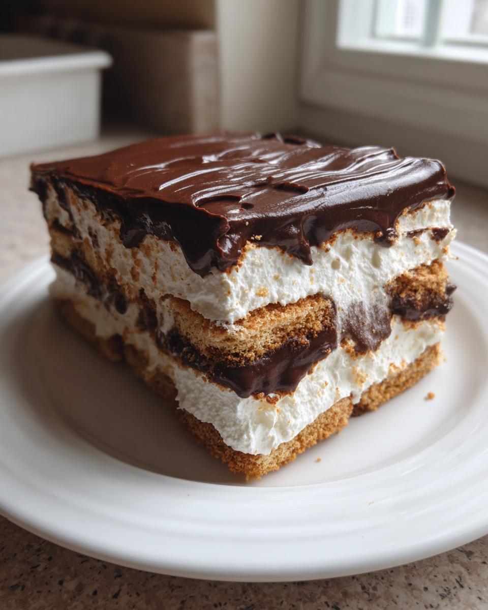A tall, square slice of layered eclair cake with graham crackers, white cream filling, and chocolate glaze on top.