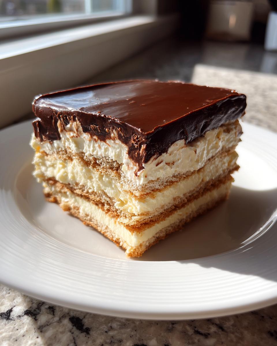 A square slice of layered eclair cake featuring graham crackers, vanilla cream, and a shiny chocolate topping, served on a white plate.