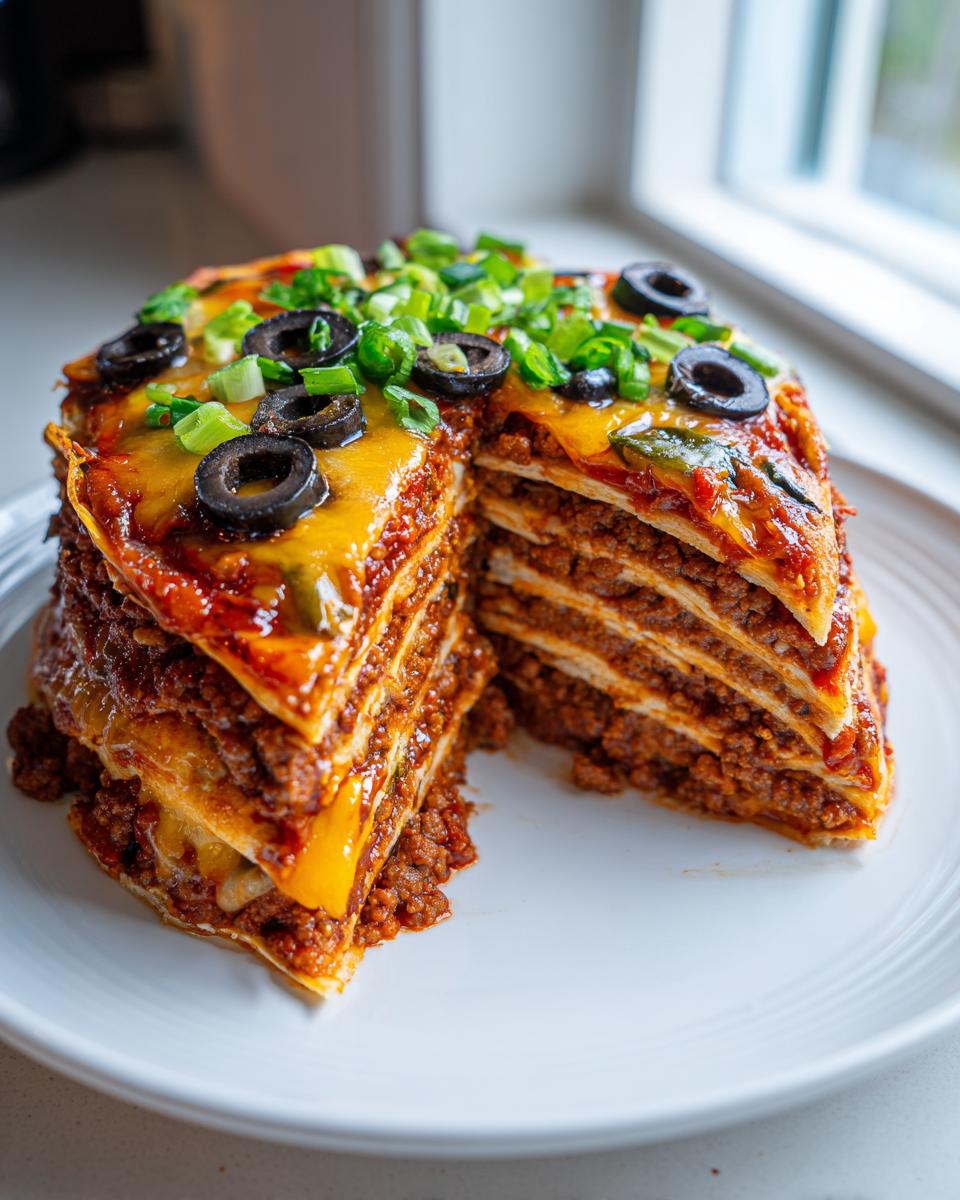 A tall, layered slice of mexican pizza showing layers of tortillas, seasoned meat, cheese, topped with black olives and green onions.