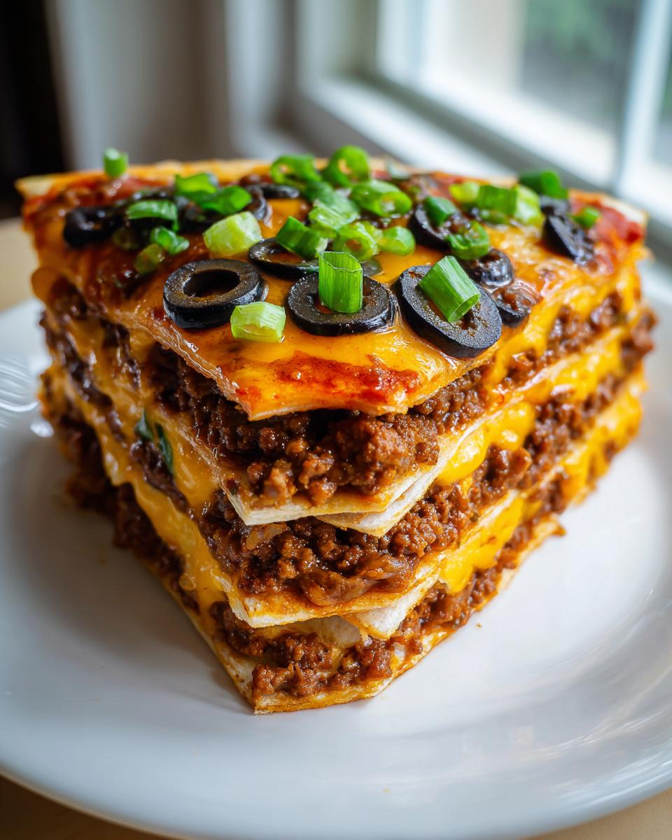 A tall, layered slice of mexican pizza featuring seasoned ground beef, melted cheese, black olives, and green onions.