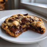 Close-up of a thick levain bakery chocolate chip cookies with a bite taken out, showing gooey, melted chocolate.