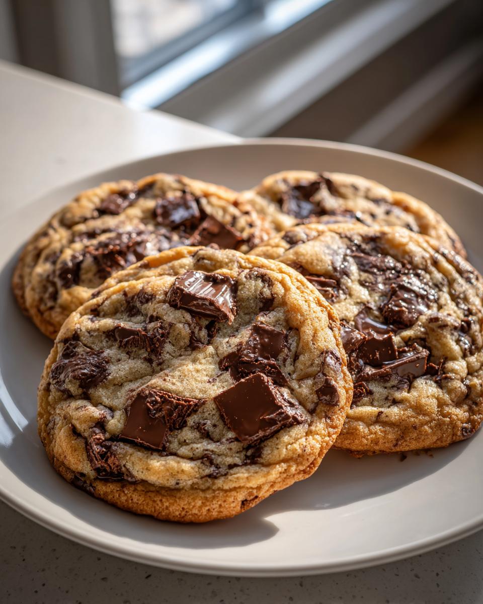 Three thick, gooey levain bakery chocolate chip cookies loaded with chocolate chunks on a light plate.