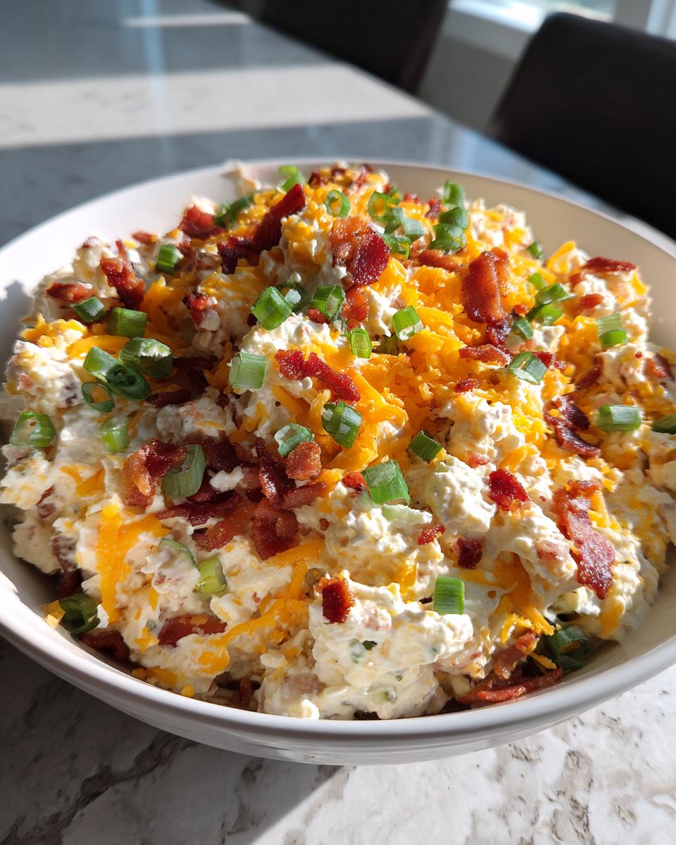 A bowl overflowing with creamy baked potato salad topped with shredded cheddar cheese, bacon bits, and chopped green onions.