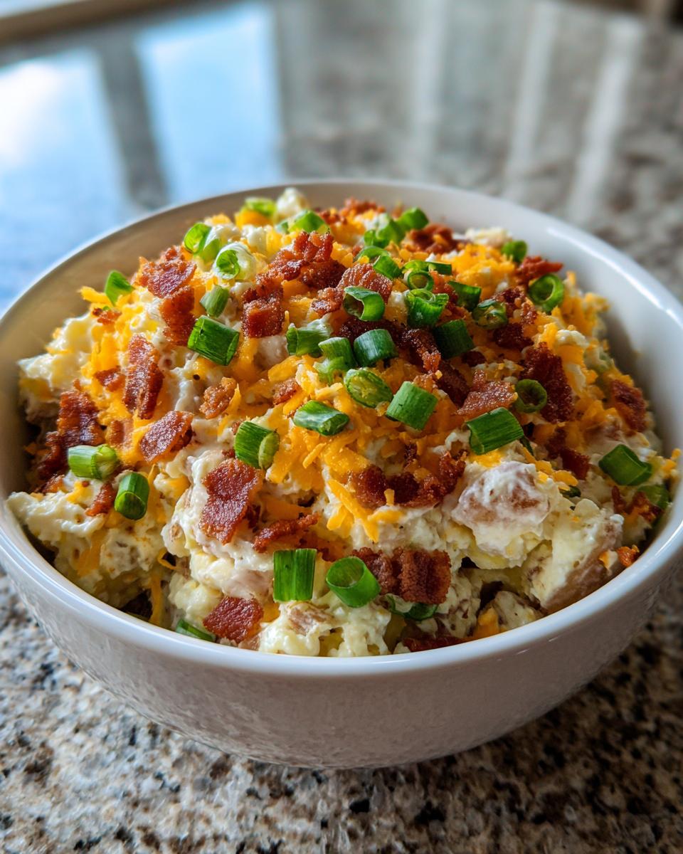 A close-up of delicious baked potato salad topped with bacon bits, shredded cheddar, and green onions.