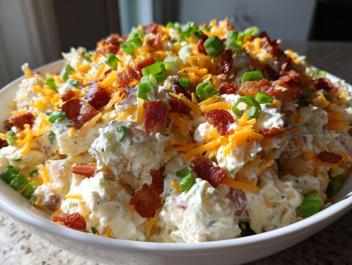Close-up of a large bowl of creamy baked potato salad topped with bacon, cheddar cheese, and green onions.