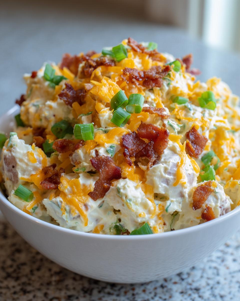 Close-up of a creamy baked potato salad topped with shredded cheddar cheese, bacon bits, and green onions.