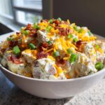 Close-up of a creamy baked potato salad topped generously with shredded cheddar cheese, bacon bits, and green onions.