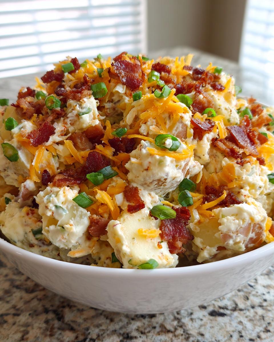 Close-up of a bowl of creamy baked potato salad loaded with shredded cheddar cheese, crispy bacon bits, and green onions.