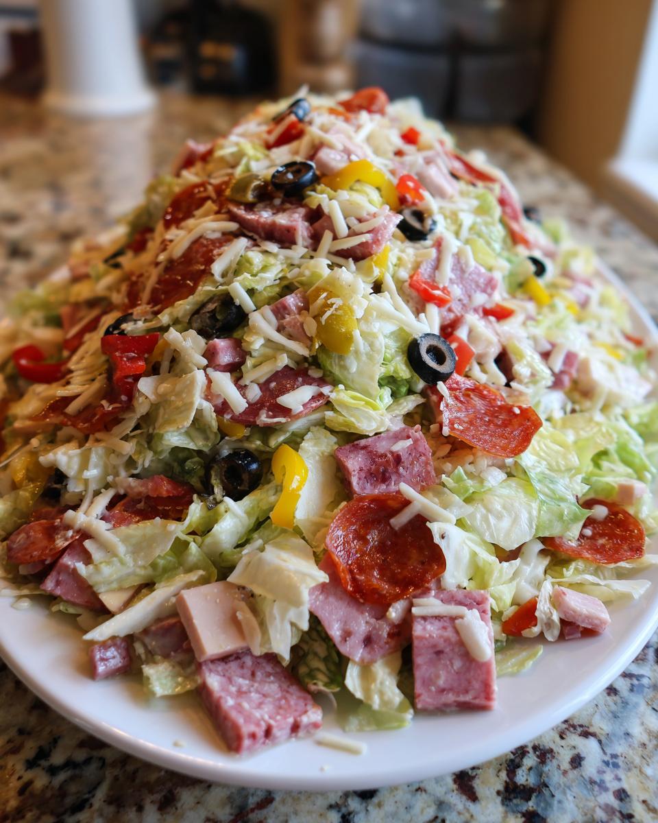 A large mound of vibrant grinder salad featuring chopped lettuce, pepperoni, cubed meats, cheese, olives, and peppers.