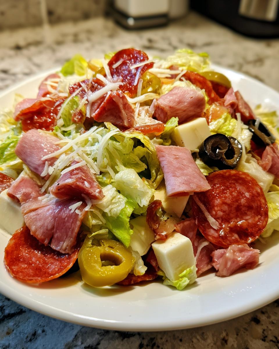 Close-up of a hearty grinder salad featuring lettuce, cubed cheese, pepperoni, ham, olives, and pepperoncini.