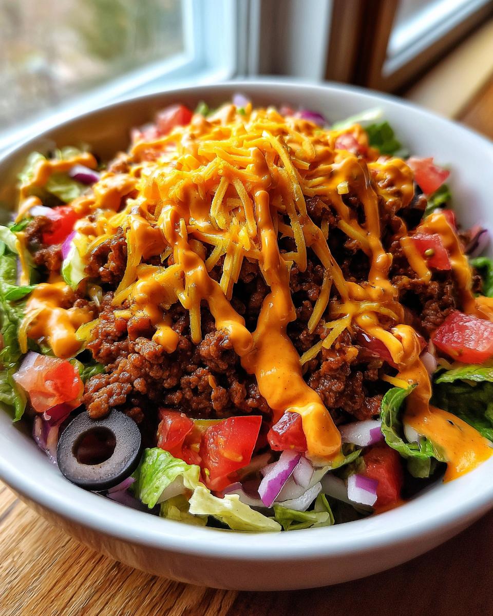 A close-up of a hearty taco salad bowl topped with seasoned ground beef, shredded cheese, creamy dressing, lettuce, tomatoes, and olives.