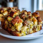 A close-up of a golden-brown slice of sausage stuffing recipe served on a white plate.