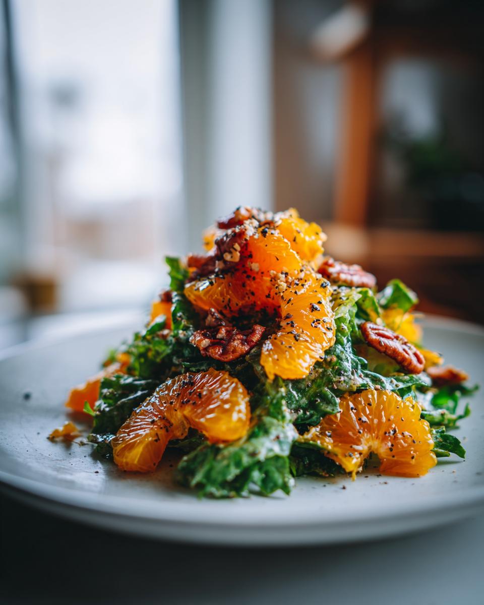 A vibrant mandarin orange salad featuring bright orange segments, dark greens, pecans, and black pepper seasoning.
