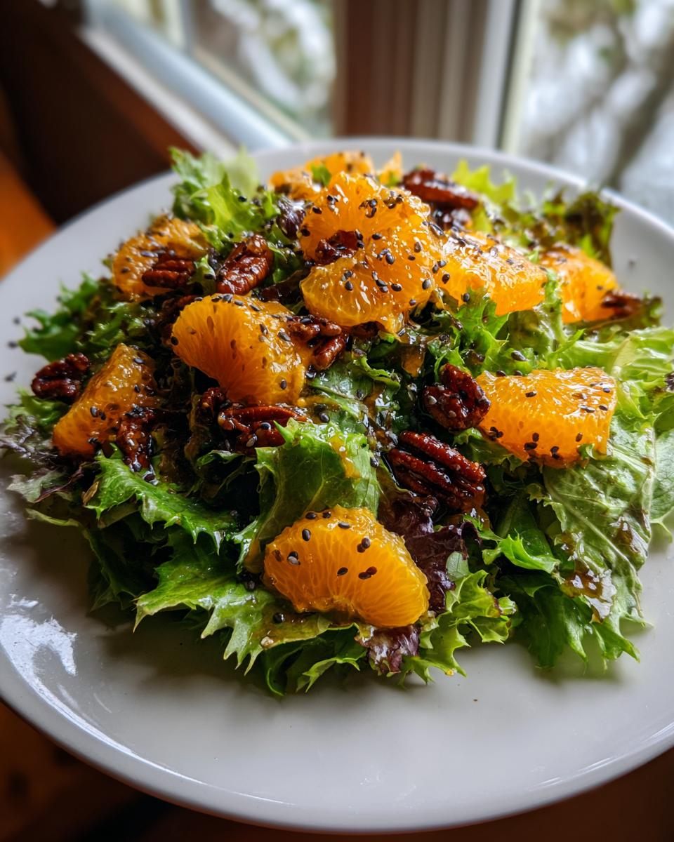 Close-up of a vibrant mandarin orange salad featuring mixed greens, bright orange segments, and candied pecans sprinkled with black seeds.