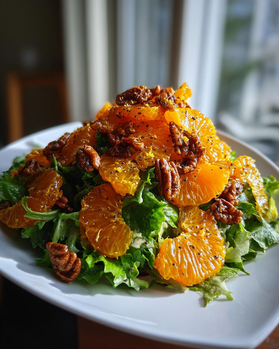 A close-up of a vibrant mandarin orange salad featuring bright orange segments, candied pecans, and fresh lettuce.