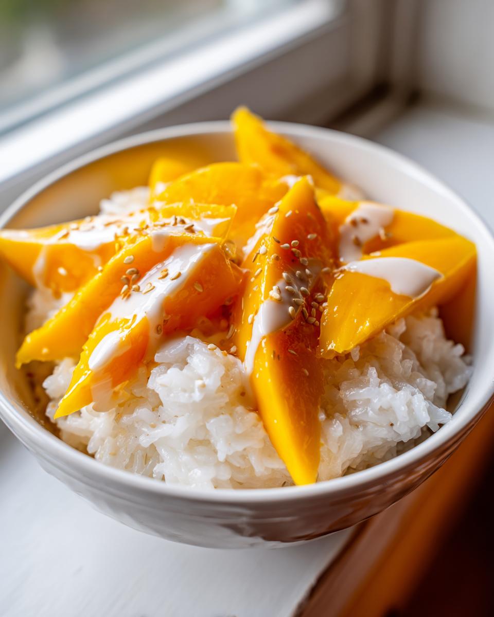 A close-up of delicious mango sticky rice topped with coconut cream and sesame seeds.