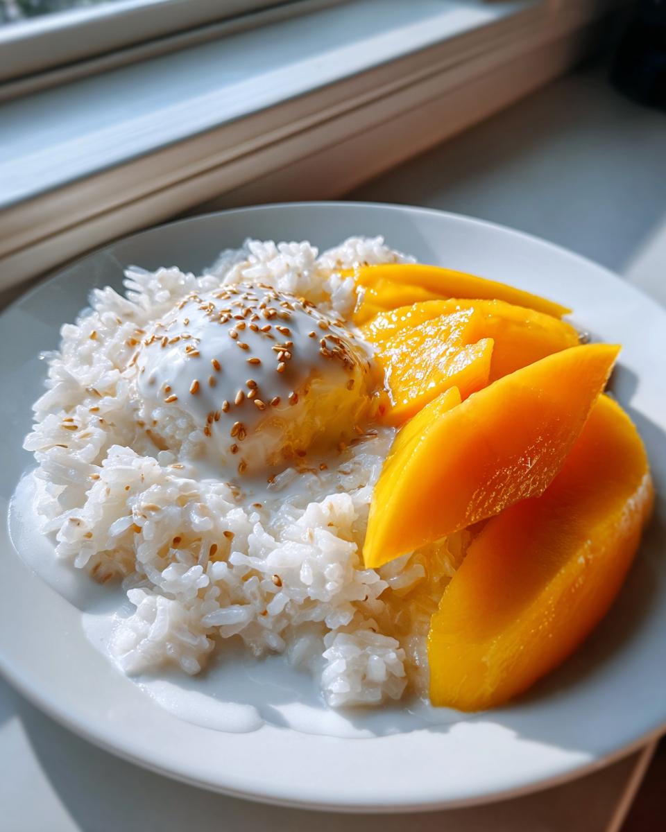 A plate of vibrant mango sticky rice topped with sweet coconut cream and toasted sesame seeds.