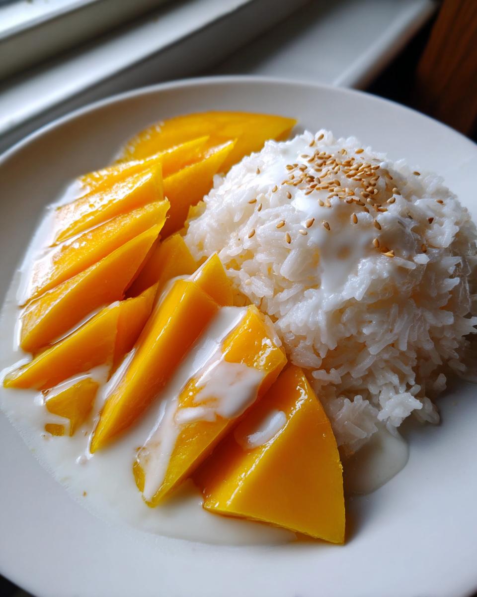 Close-up of vibrant mango sticky rice, featuring sliced yellow mango, sweet sticky rice, and coconut cream topped with sesame seeds.