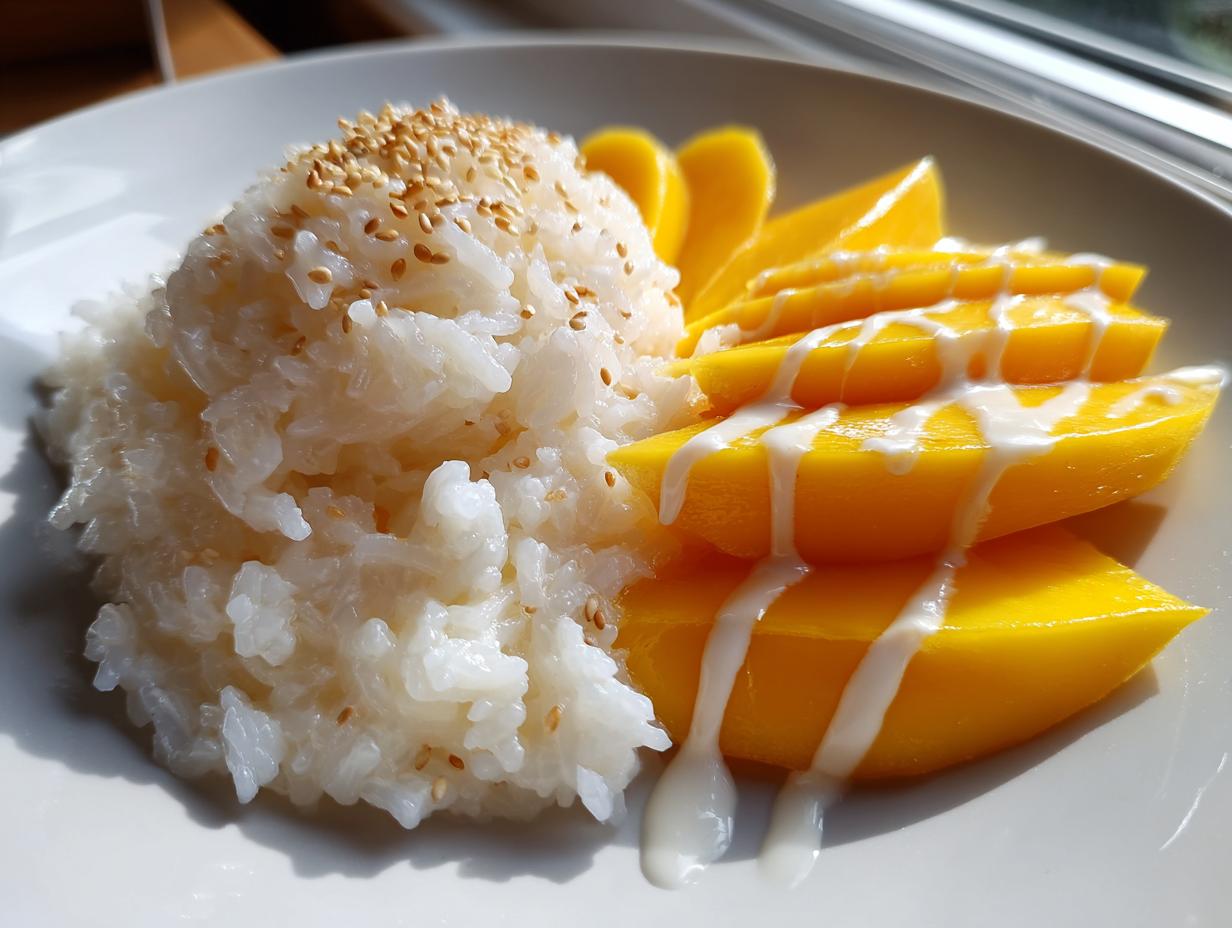 A serving of delicious mango sticky rice topped with toasted sesame seeds and coconut cream drizzle.