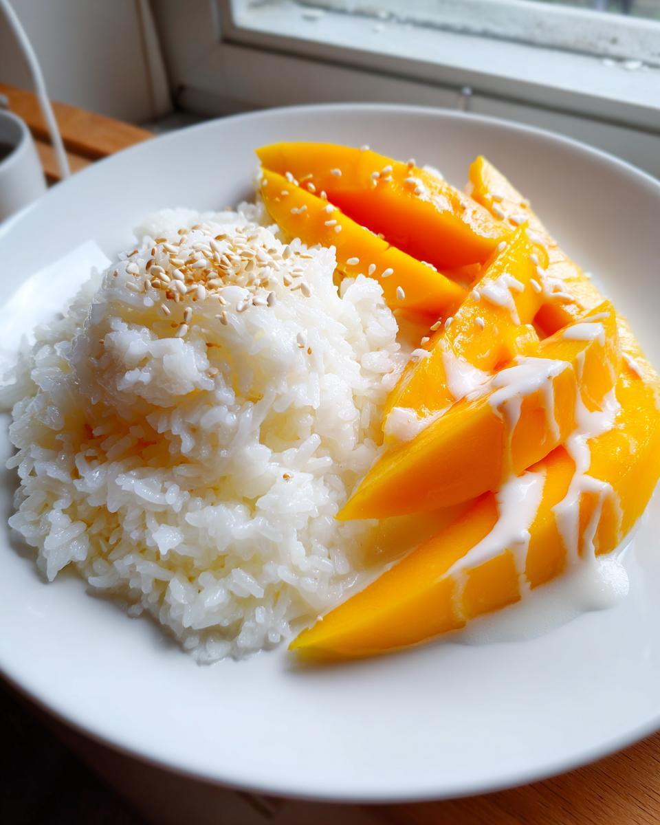 A plate of vibrant mango sticky rice topped with coconut cream and toasted sesame seeds.