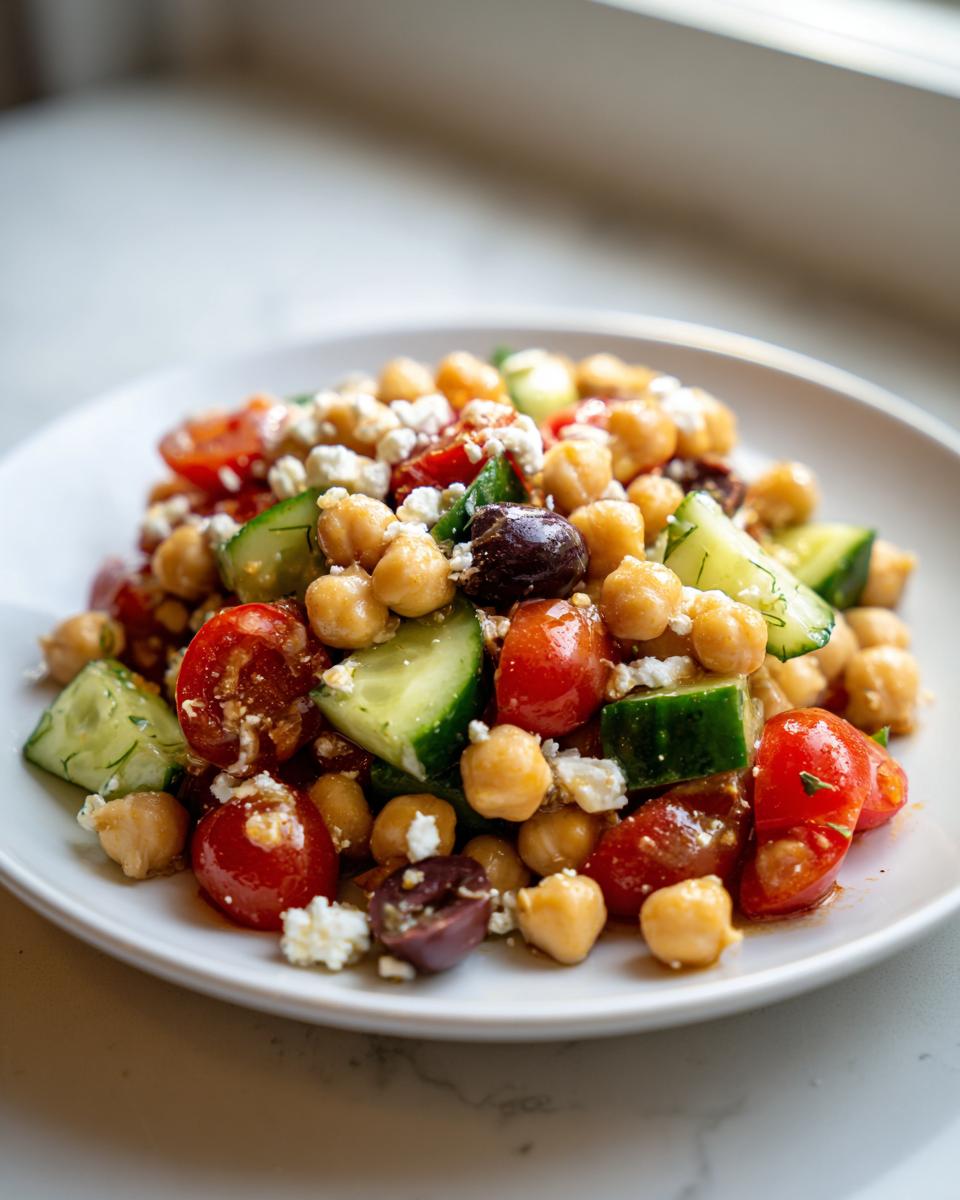 Close-up of a fresh mediterranean chickpea salad featuring chickpeas, cucumbers, tomatoes, olives, and feta cheese.