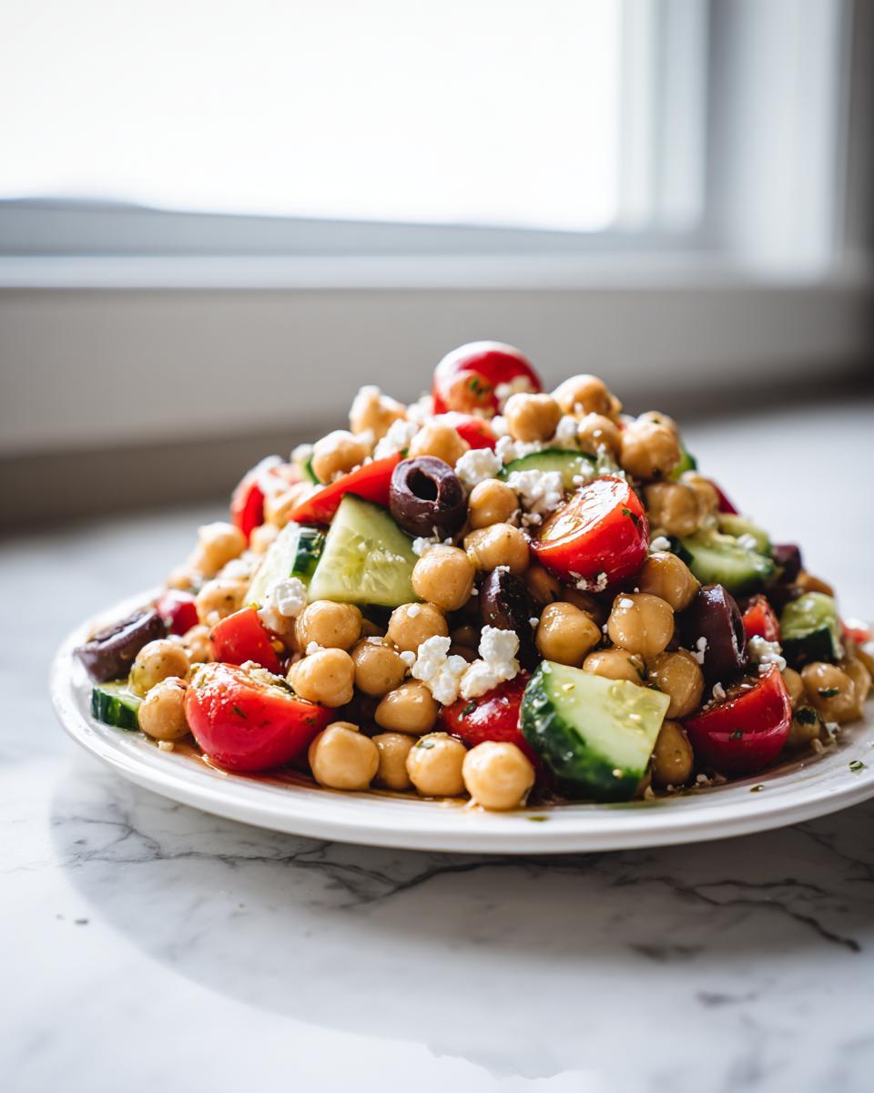 A mound of fresh mediterranean chickpea salad featuring chickpeas, cucumbers, tomatoes, olives, and feta cheese.