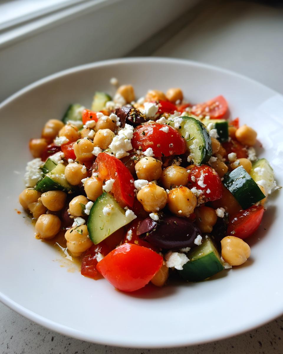Close-up of a fresh mediterranean chickpea salad with tomatoes, cucumbers, feta, and olives in a white bowl.