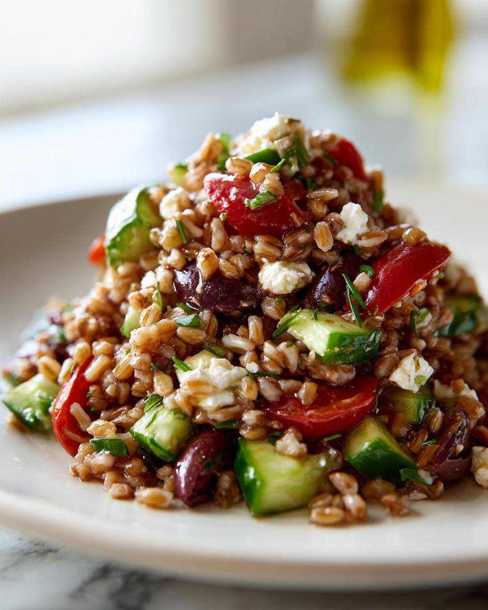A mound of vibrant farro salad mixed with chopped cucumber, tomatoes, Kalamata olives, and feta cheese.