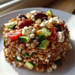 A close-up, sunlit serving of a vibrant farro salad mixed with feta cheese, cucumbers, tomatoes, and Kalamata olives.