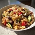 A close-up of a vibrant mediterranean pasta salad featuring rotini pasta, feta cheese, cucumbers, tomatoes, and olives.