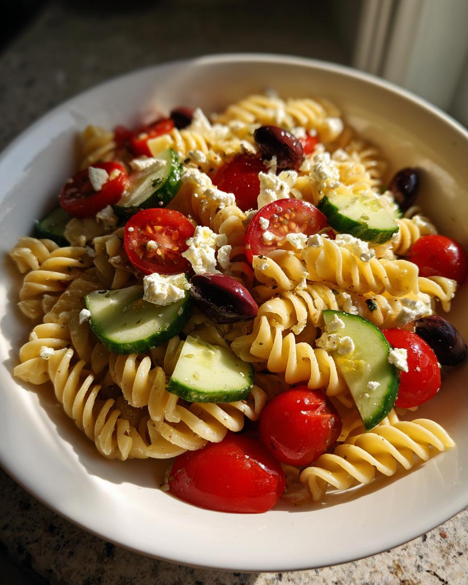 A close-up view of a serving of mediterranean pasta salad featuring fusilli pasta, cherry tomatoes, cucumber slices, feta cheese, and Kalamata olives.