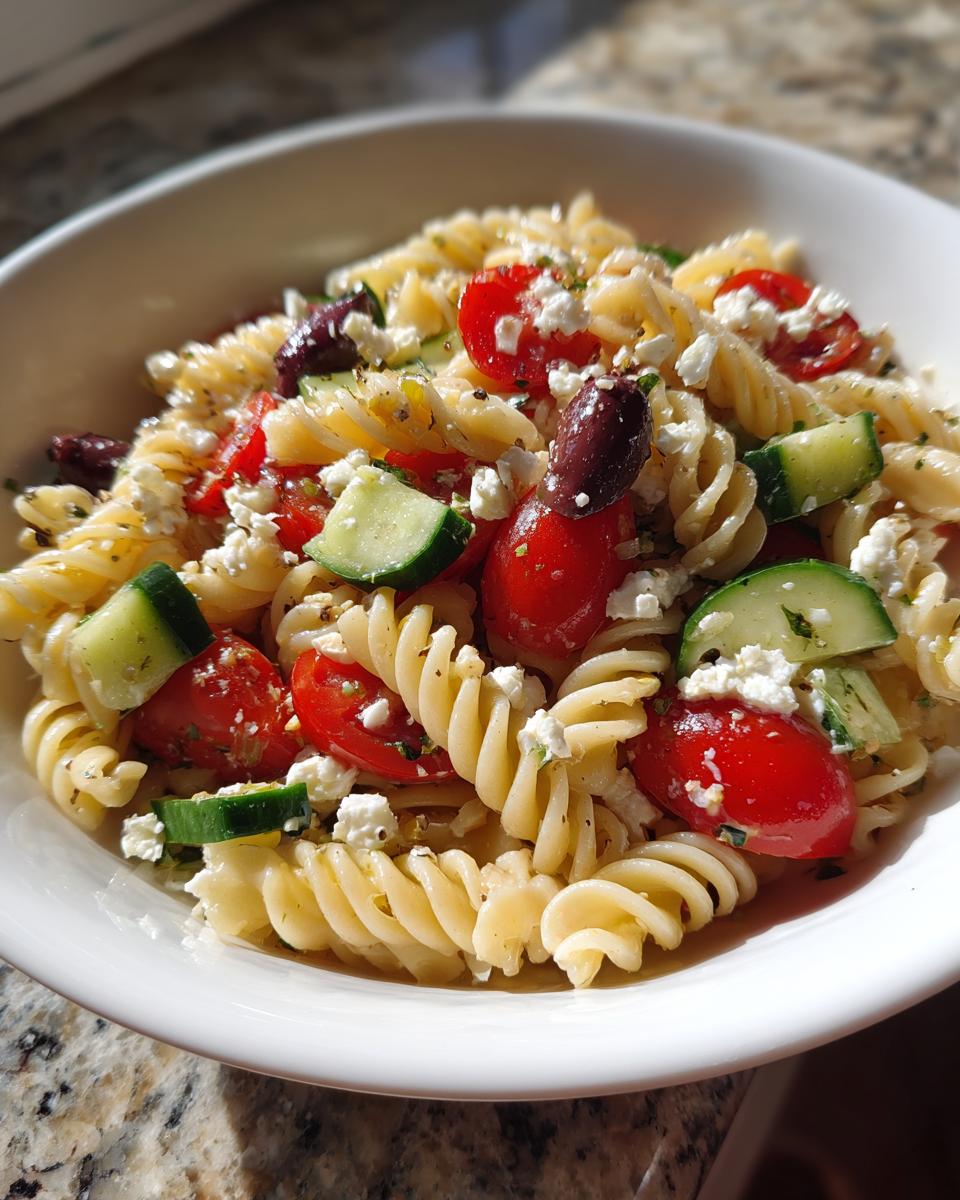 A close-up view of a white bowl filled with vibrant mediterranean pasta salad featuring rotini, cherry tomatoes, cucumbers, feta, and olives.