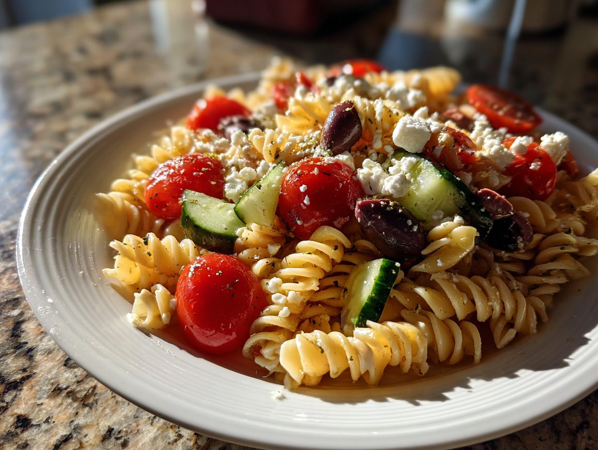 A close-up of a serving of mediterranean pasta salad featuring fusilli pasta, cherry tomatoes, cucumber, Kalamata olives, and crumbled feta cheese.