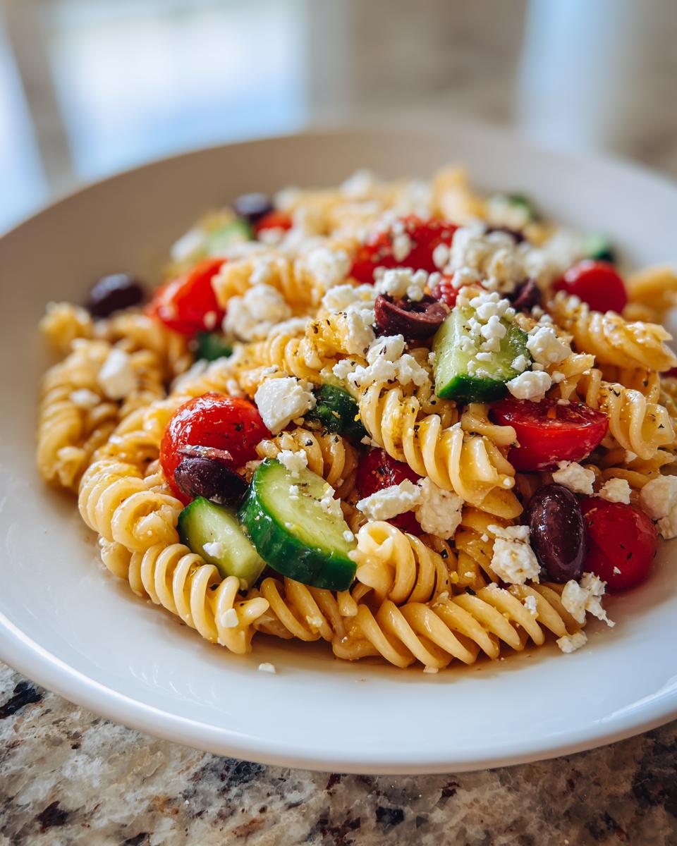 Close-up of a serving of mediterranean pasta salad featuring fusilli pasta, cherry tomatoes, cucumber, Kalamata olives, and crumbled feta cheese.