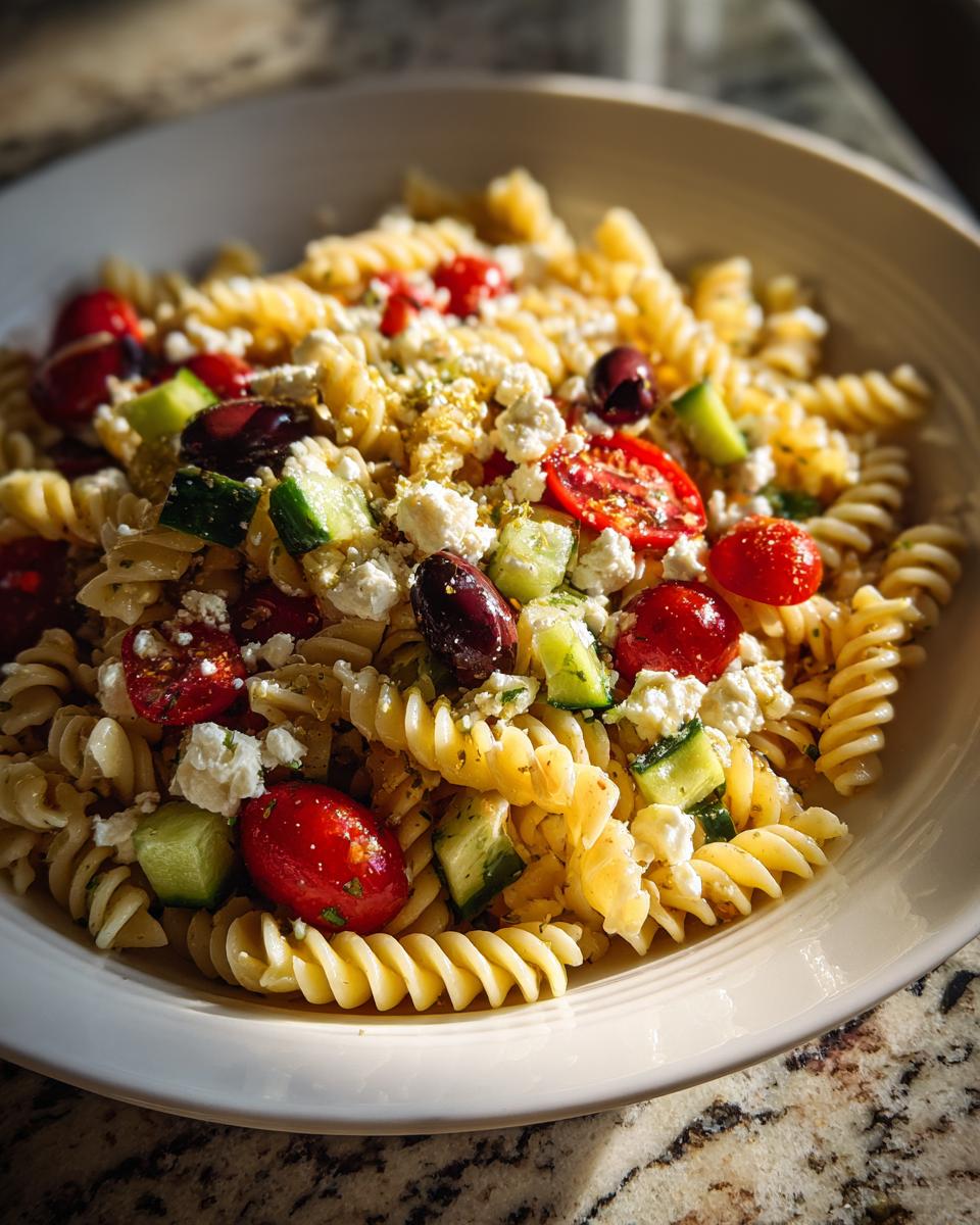 A close-up of a bowl filled with vibrant mediterranean pasta salad featuring rotini pasta, feta cheese, tomatoes, and olives.