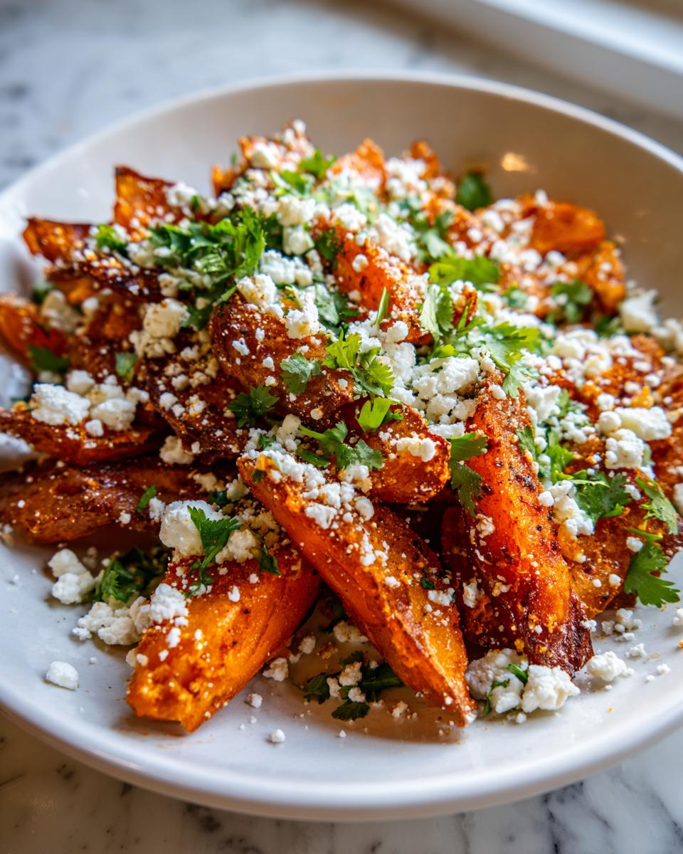 Close-up of seasoned, roasted Mexican potatoes topped generously with cotija cheese and fresh cilantro.