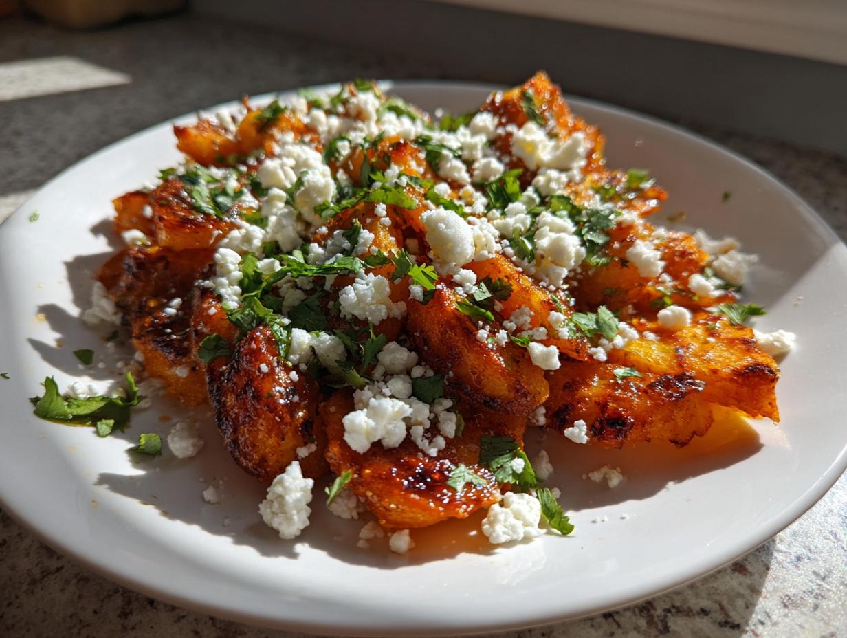 A plate of seasoned, roasted mexican potatoes topped generously with crumbled white cheese and fresh cilantro.
