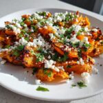 Close-up of seasoned, roasted Mexican potatoes topped with crumbled white cheese and fresh cilantro.