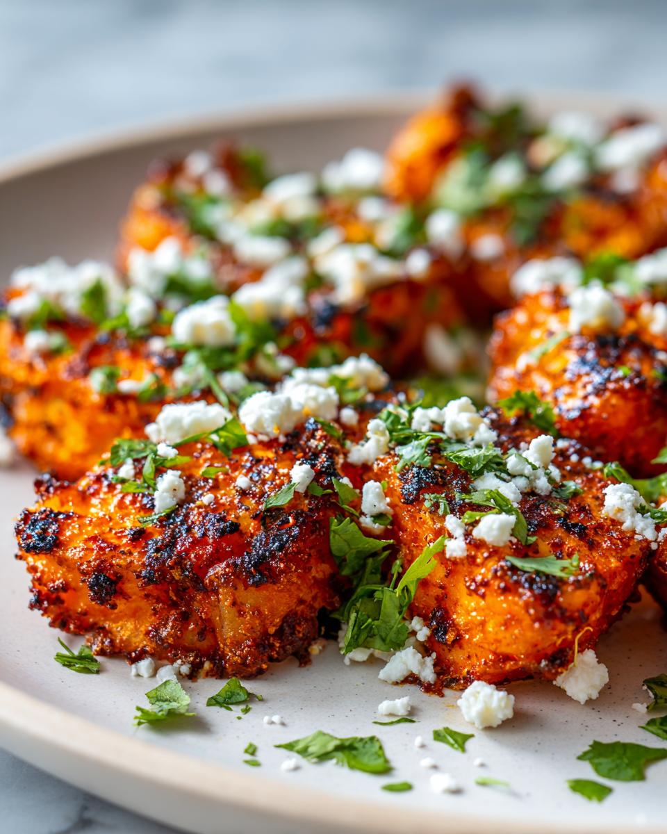Close-up of perfectly roasted Mexican potatoes coated in spices, topped with crumbled white cheese and fresh cilantro.