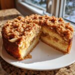 A round apple coffee cake with a thick cinnamon crumb topping, sliced open to show the moist cake and apple filling.