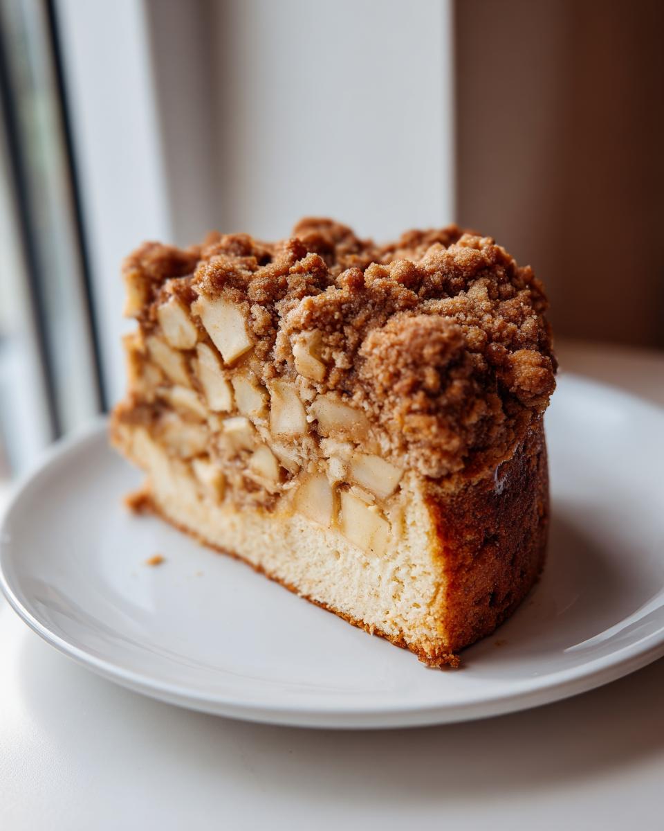 A tall, moist slice of apple coffee cake featuring visible apple chunks and a thick cinnamon streusel topping, served on a white plate.