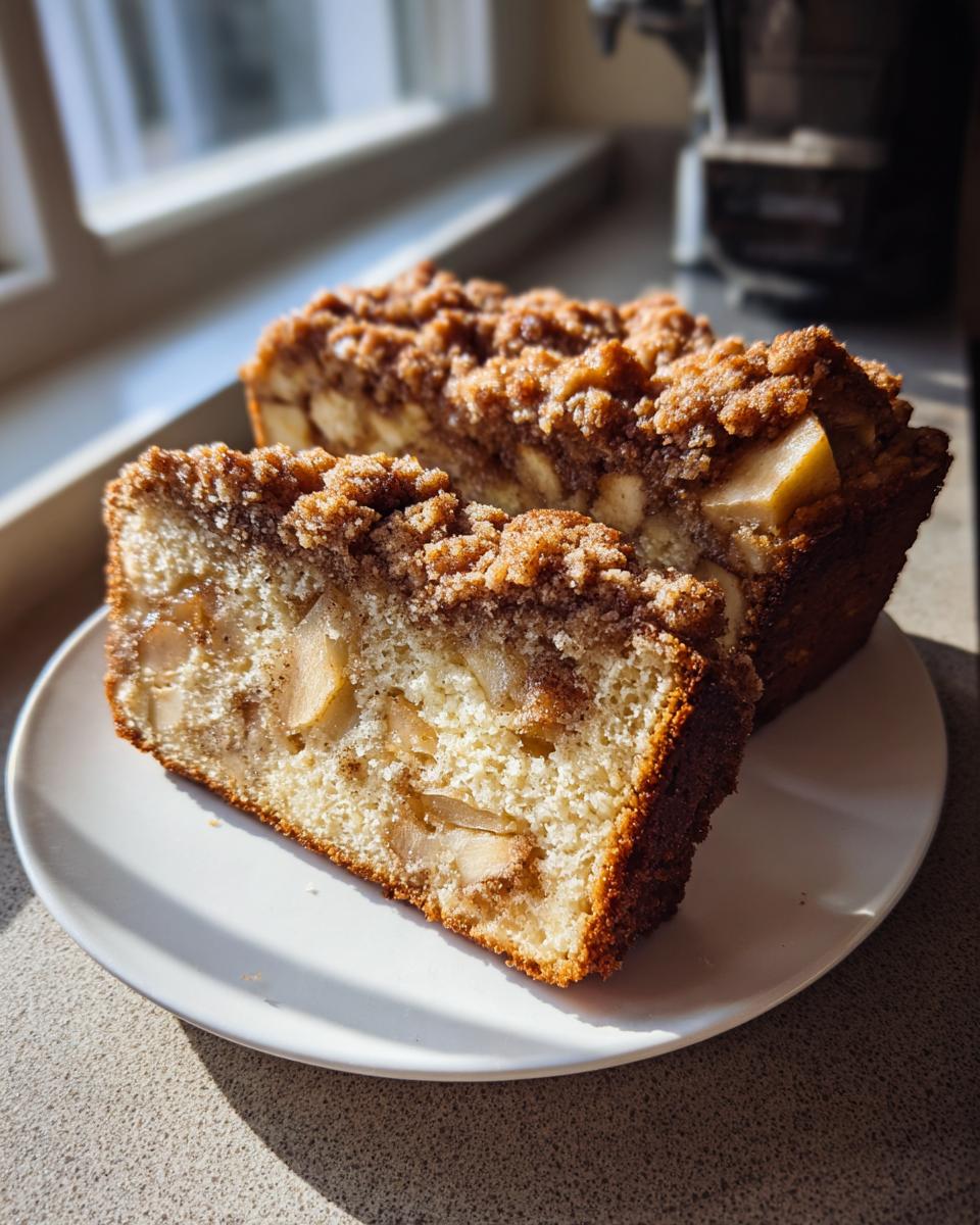 A moist slice of apple coffee cake with visible apple chunks and a thick cinnamon crumb topping, served on a white plate.