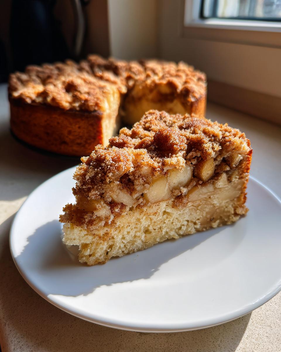A close-up slice of moist apple coffee cake topped with brown sugar streusel, set against the rest of the cake.